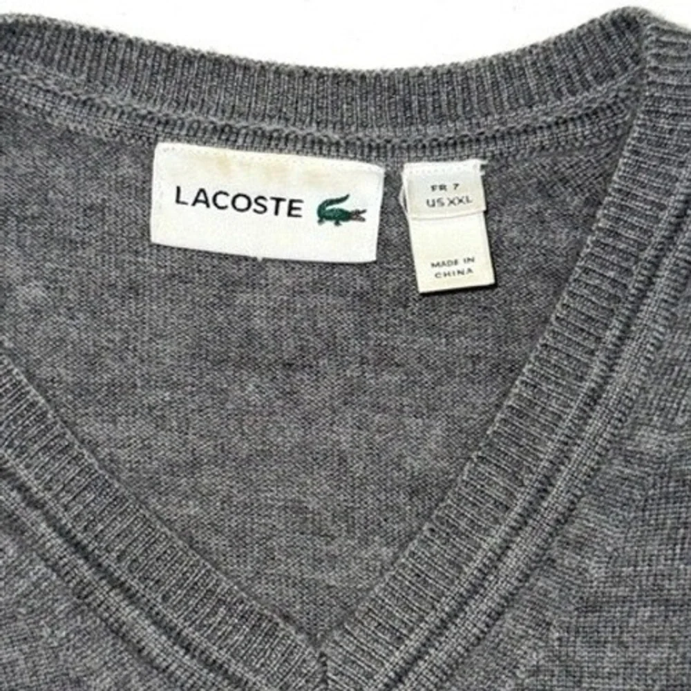 Lacoste Mens Gray Extra Fine Merino Wool V-Neck‎ Sweater Size XXL